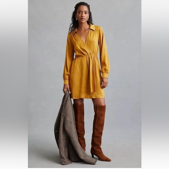 NWT - Anthropologie - Long-sleeve Mini Dress - in bronze - size small petite - Picture 1 of 6